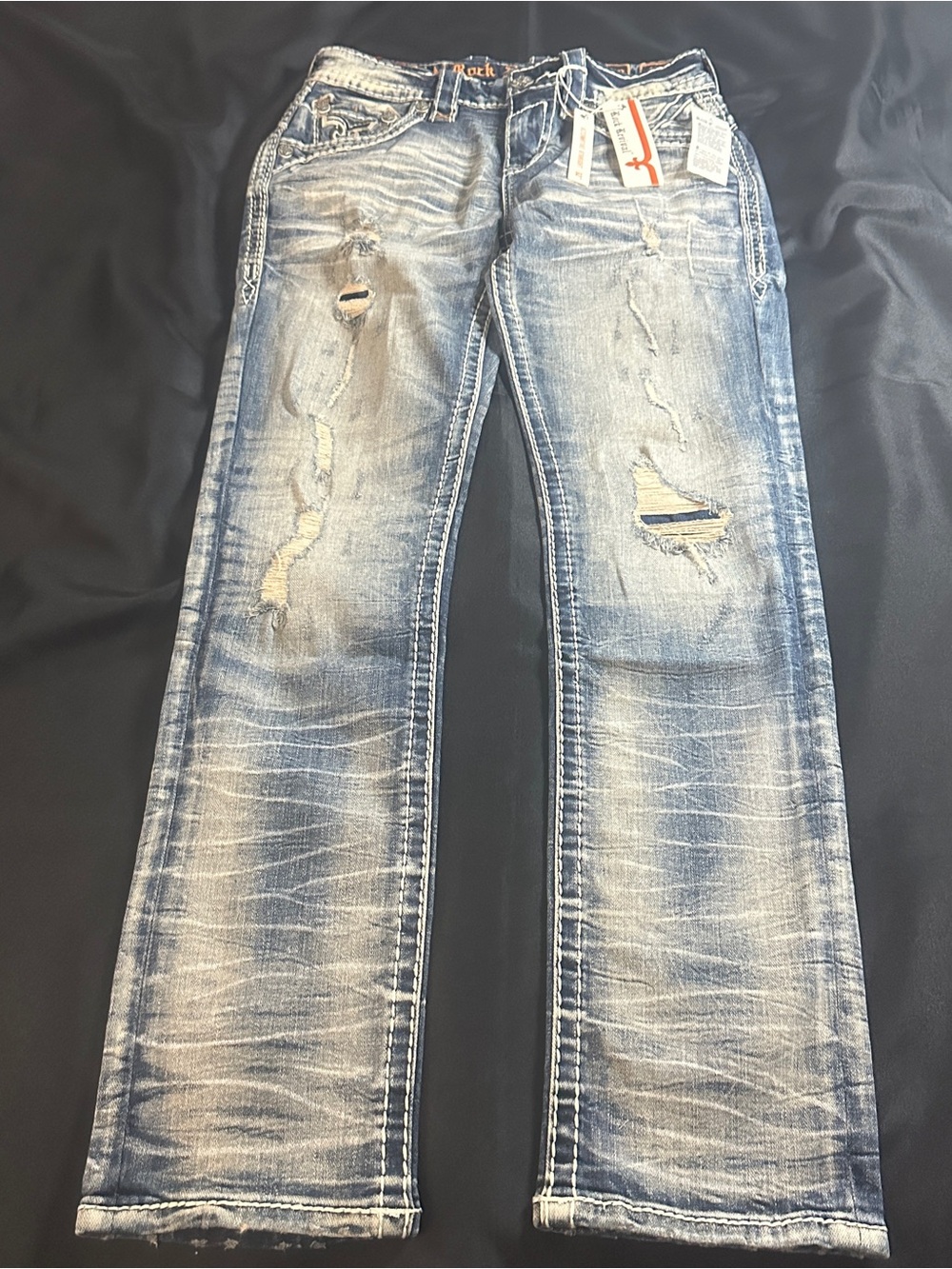 Rock Revival Men's Faded Blue Distressed Straight Jeans size 29 Haven NWT